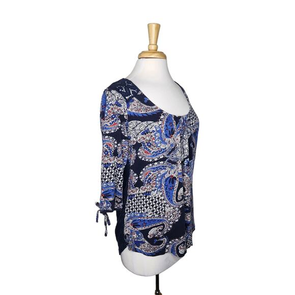 Lucky Brand Blue Paisley Crochet Lace Button Down Back Blouse Size XL - Picture 2 of 10